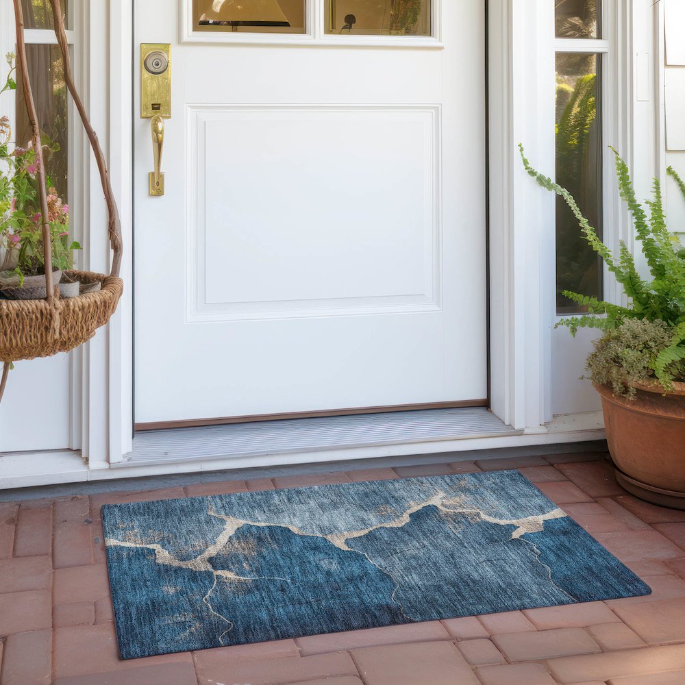 Machine Washable Indoor/Outdoor Chantille Navy 1'8" x 2'6" Rug. Picture 6