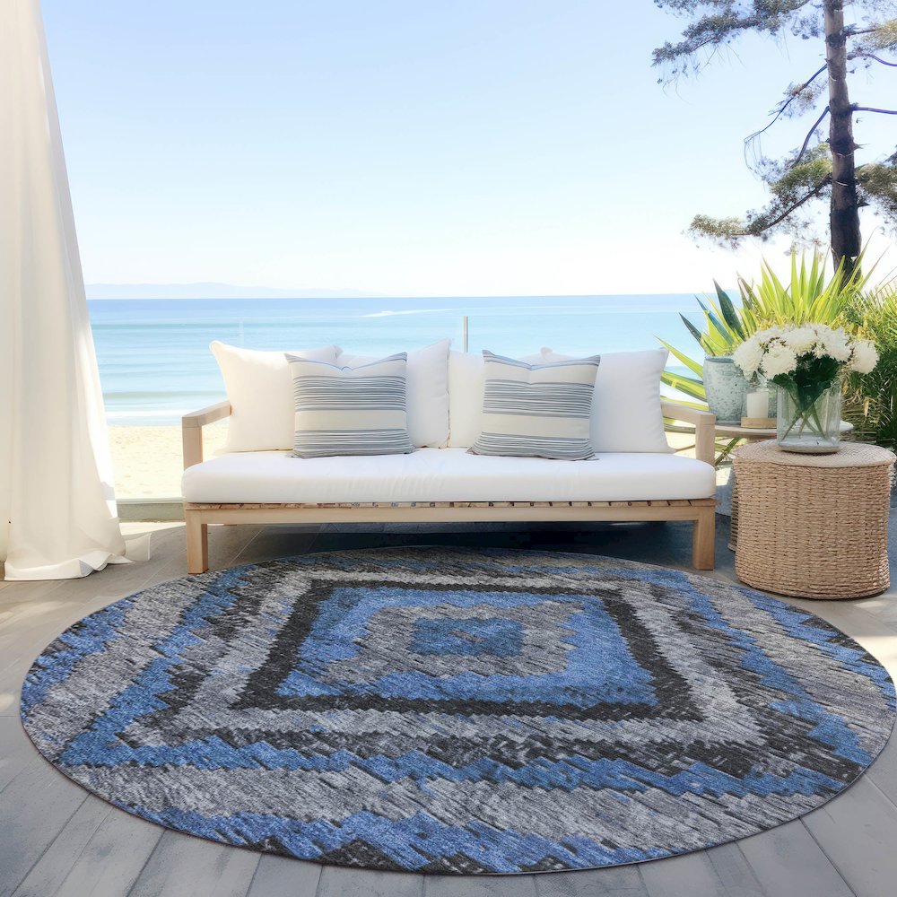 Machine Washable Indoor/Outdoor Chantille Blue 8' x 8' Round Rug. Picture 6