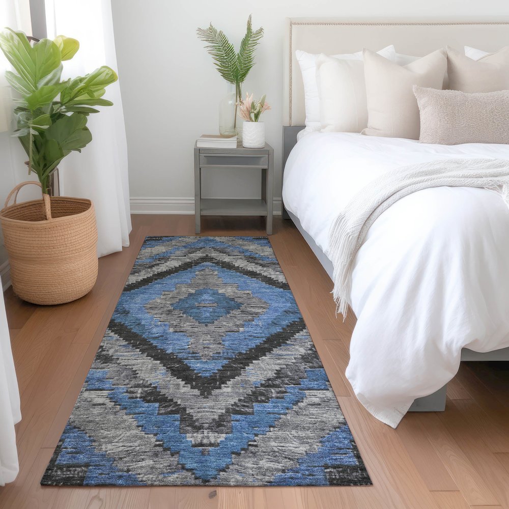 Machine Washable Indoor/Outdoor Chantille Blue 2'3" x 7'6" Runner Rug. Picture 5