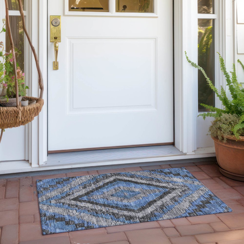 Machine Washable Indoor/Outdoor Chantille Blue 1'8" x 2'6" Rug. Picture 6