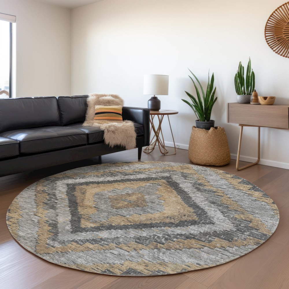 Machine Washable Indoor/Outdoor Chantille Khaki 8' x 8' Round Rug. Picture 5