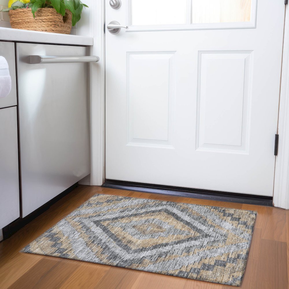 Machine Washable Indoor/Outdoor Chantille Khaki 1'8" x 2'6" Rug. Picture 5