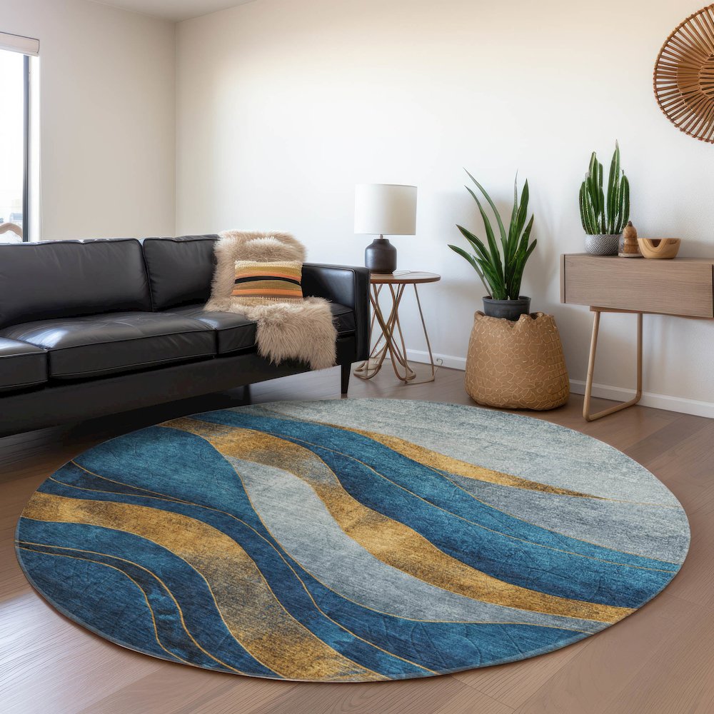 Machine Washable Indoor/Outdoor Chantille Blue 8' x 8' Round Rug. Picture 5