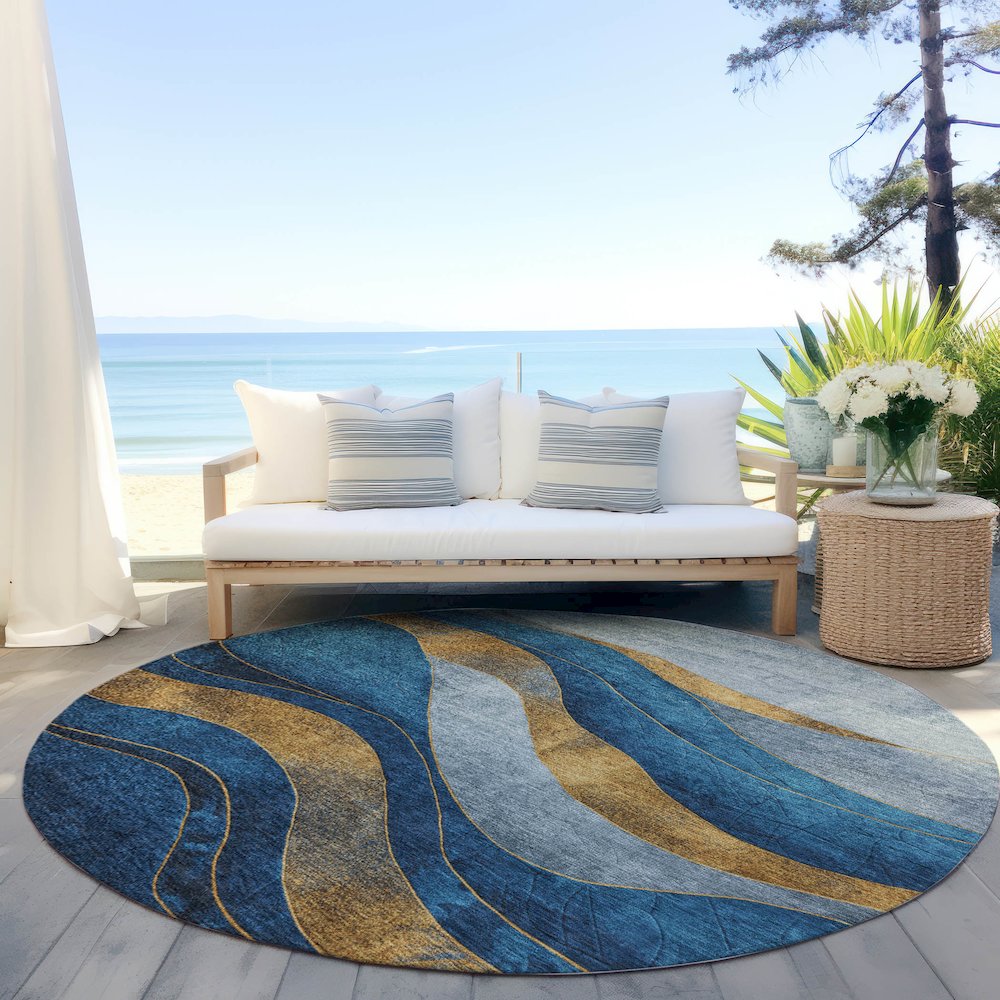 Machine Washable Indoor/Outdoor Chantille Blue 8' x 8' Round Rug. Picture 6