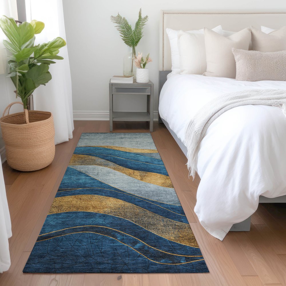 Machine Washable Indoor/Outdoor Chantille Blue 2'3" x 7'6" Runner Rug. Picture 5
