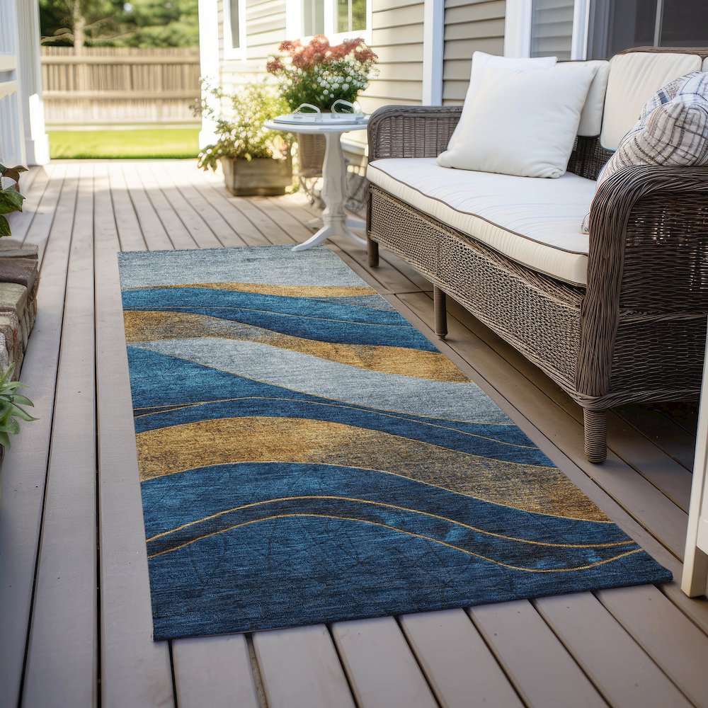 Machine Washable Indoor/Outdoor Chantille Blue 2'3" x 7'6" Runner Rug. Picture 6