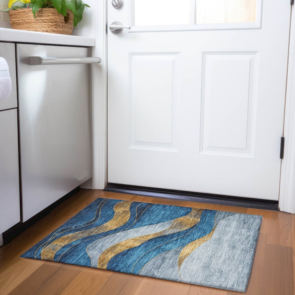 Machine Washable Indoor/Outdoor Chantille Blue 1'8" x 2'6" Rug. Picture 5