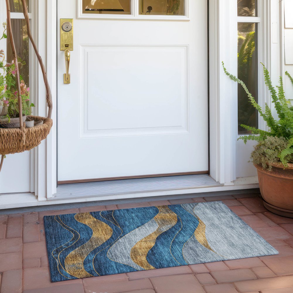 Machine Washable Indoor/Outdoor Chantille Blue 1'8" x 2'6" Rug. Picture 6