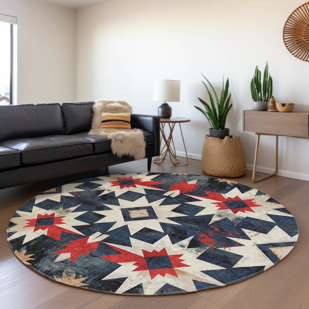 Machine Washable Indoor/Outdoor Chantille Navy 8' x 8' Round Rug. Picture 5