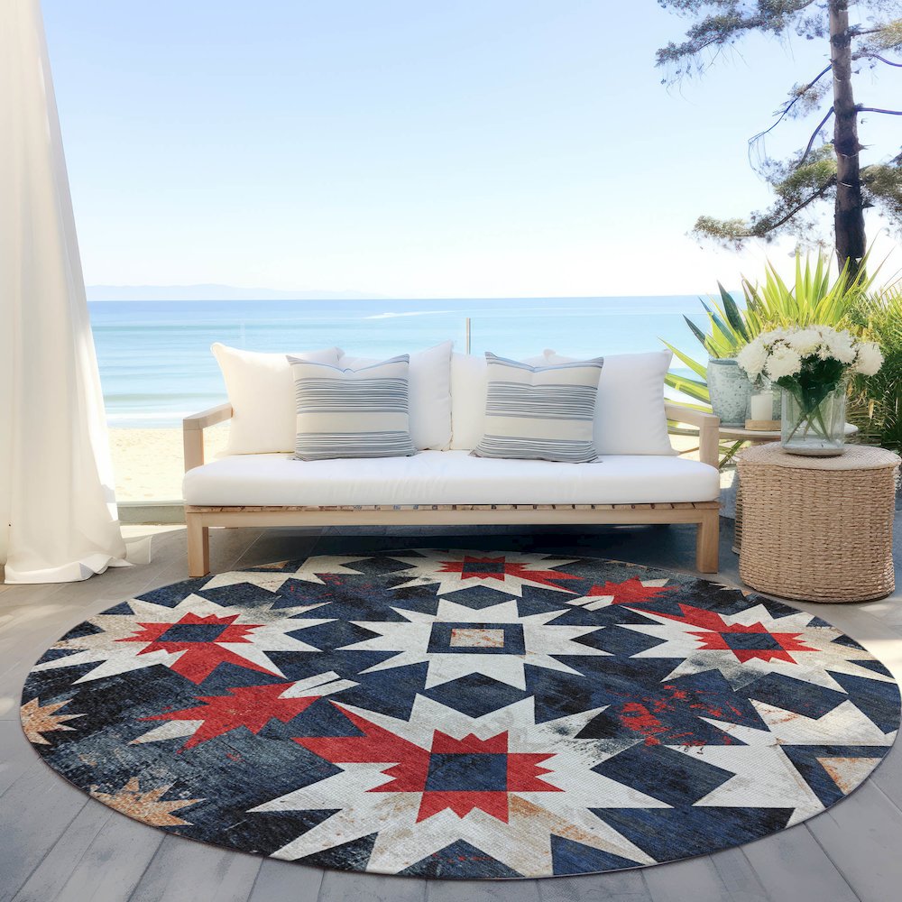 Machine Washable Indoor/Outdoor Chantille Navy 8' x 8' Round Rug. Picture 6