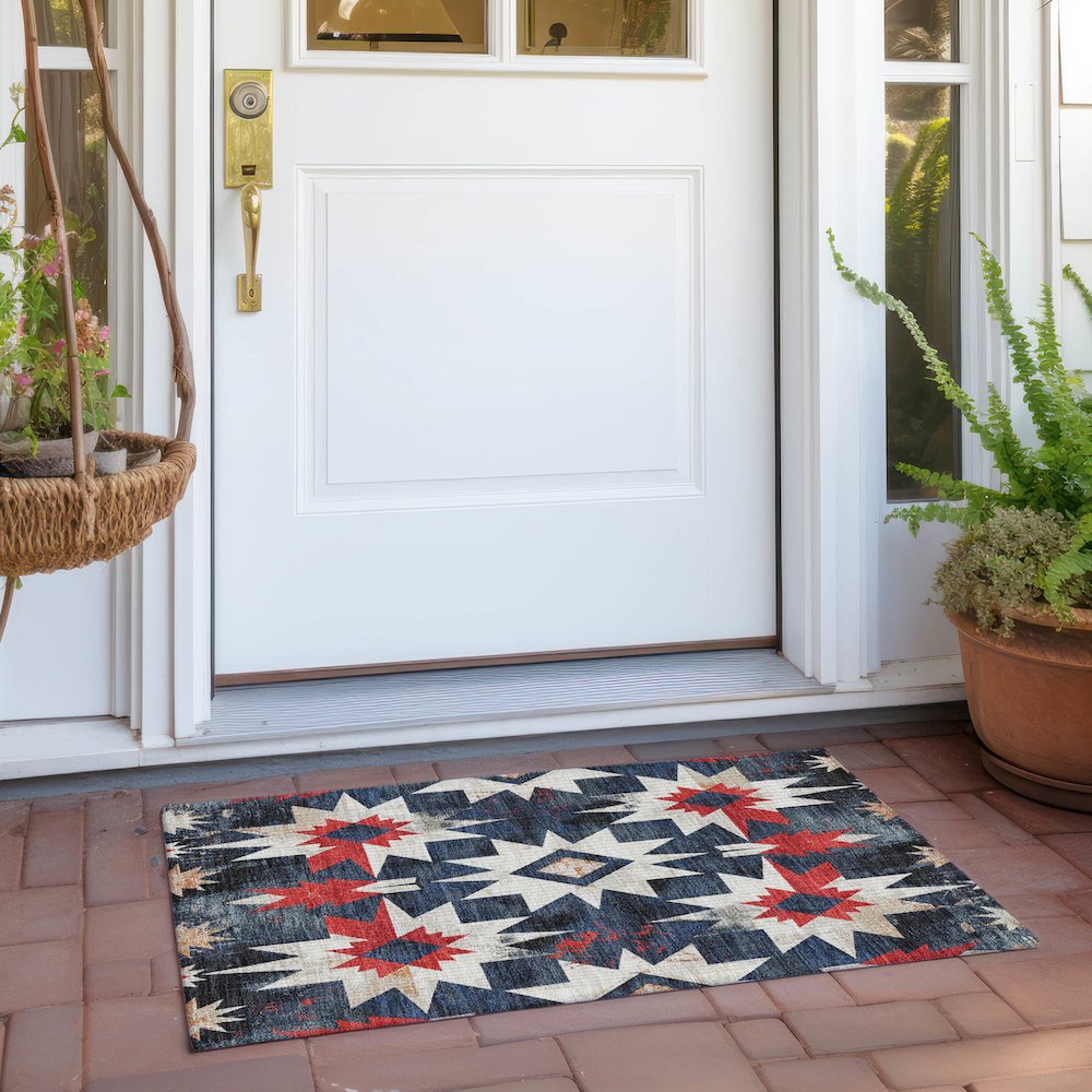 Machine Washable Indoor/Outdoor Chantille Navy 1'8" x 2'6" Rug. Picture 6