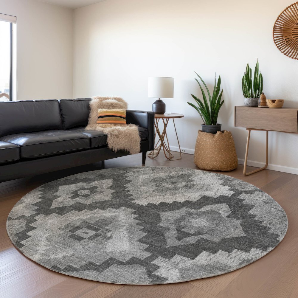 Machine Washable Indoor/Outdoor Chantille Gray 8' x 8' Round Rug. Picture 5
