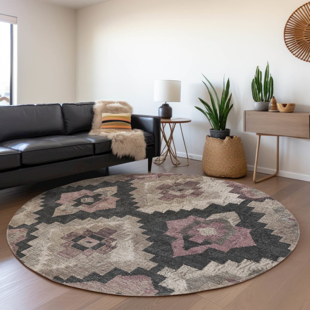 Machine Washable Indoor/Outdoor Chantille Taupe 8' x 8' Round Rug. Picture 5