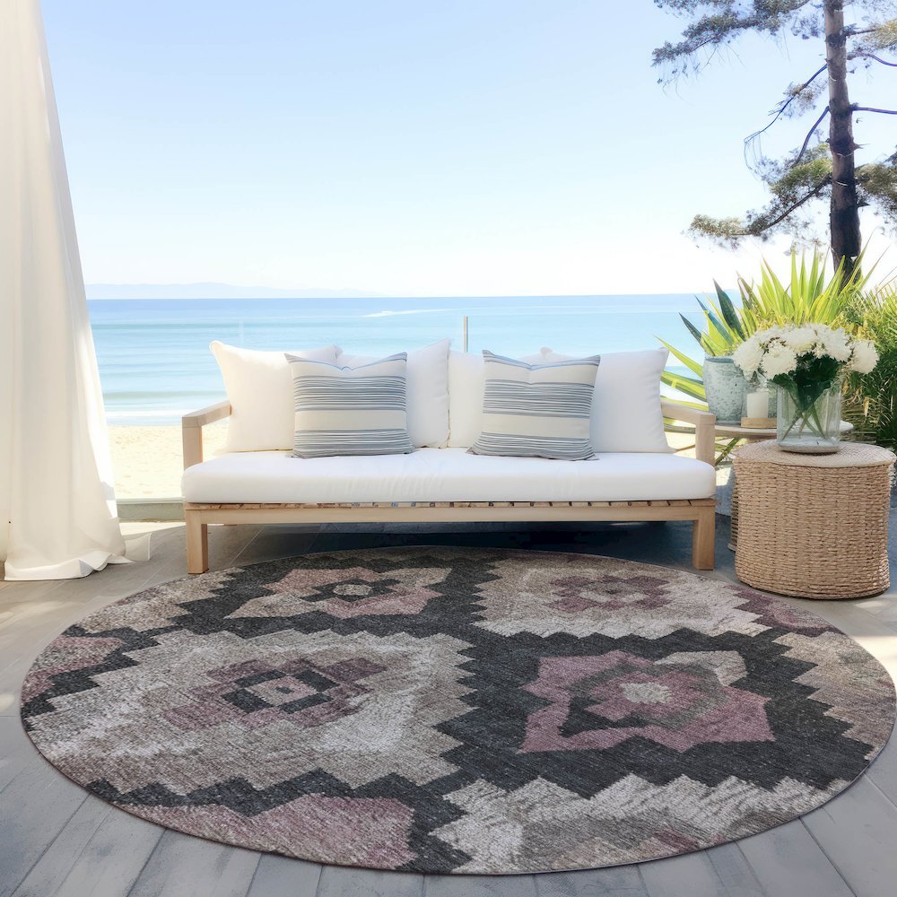 Machine Washable Indoor/Outdoor Chantille Taupe 8' x 8' Round Rug. Picture 6