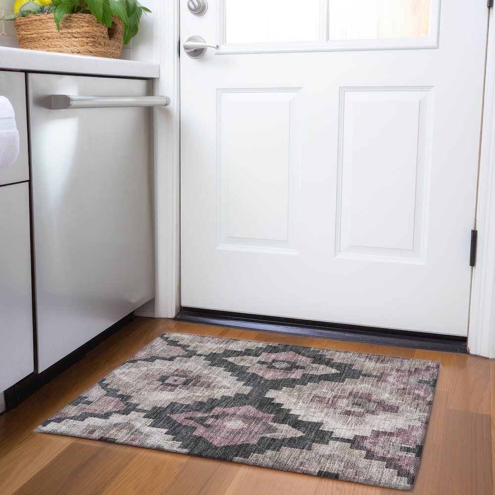Machine Washable Indoor/Outdoor Chantille Taupe 1'8" x 2'6" Rug. Picture 5