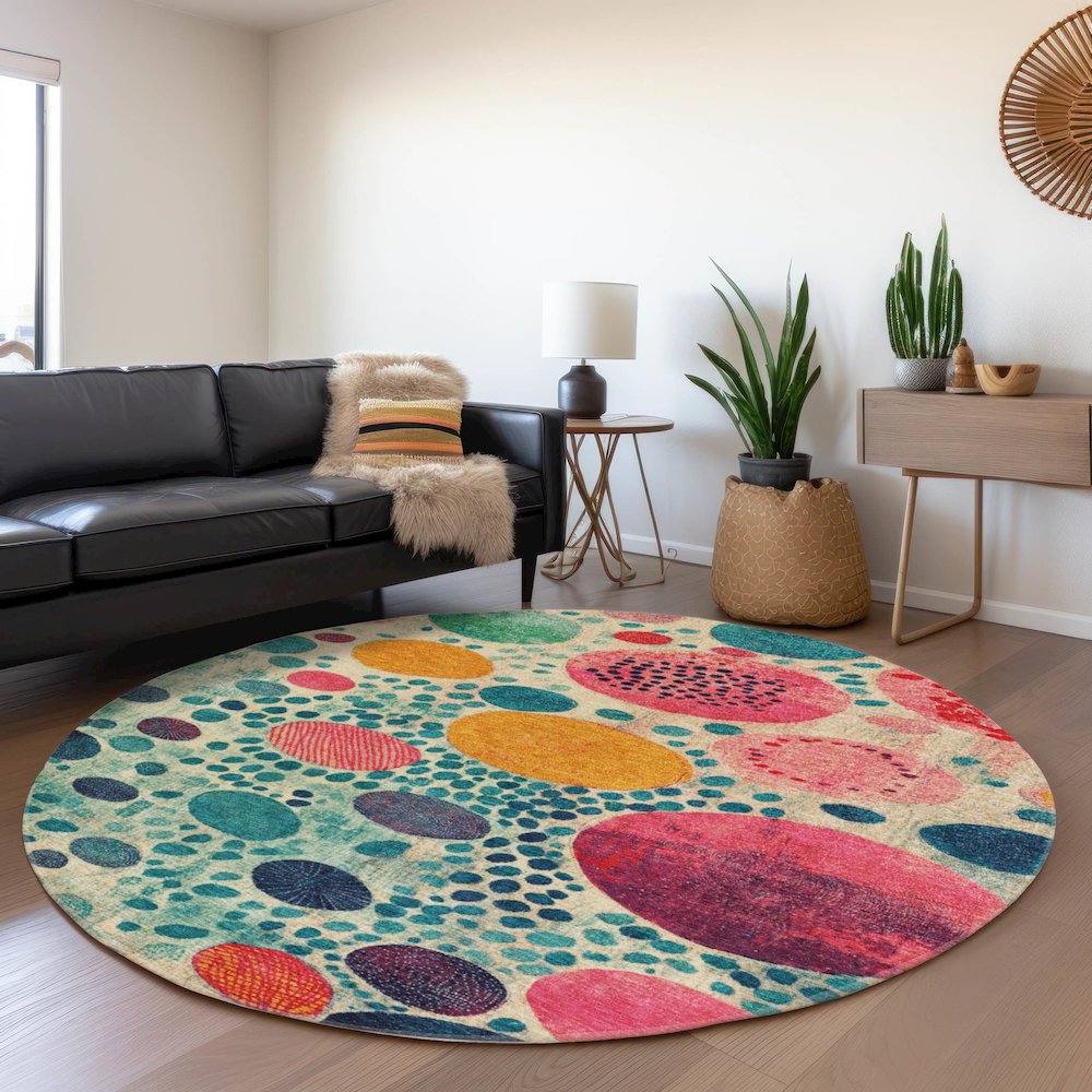 Machine Washable Indoor/Outdoor Chantille Teal 8' x 8' Round Rug. Picture 5