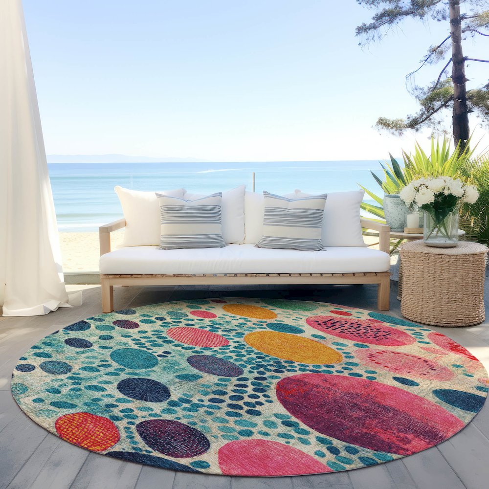 Machine Washable Indoor/Outdoor Chantille Teal 8' x 8' Round Rug. Picture 6