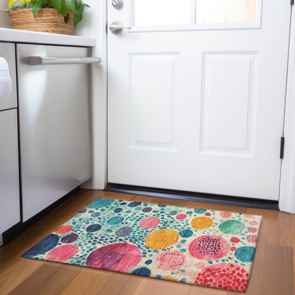 Machine Washable Indoor/Outdoor Chantille Teal 1'8" x 2'6" Rug. Picture 5