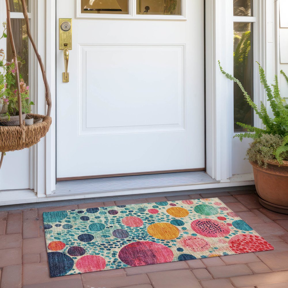 Machine Washable Indoor/Outdoor Chantille Teal 1'8" x 2'6" Rug. Picture 6