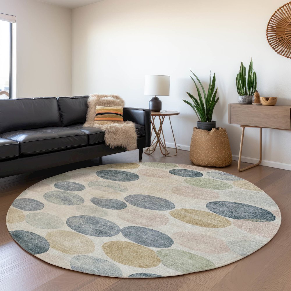 Machine Washable Indoor/Outdoor Chantille Beige 8' x 8' Round Rug. Picture 5