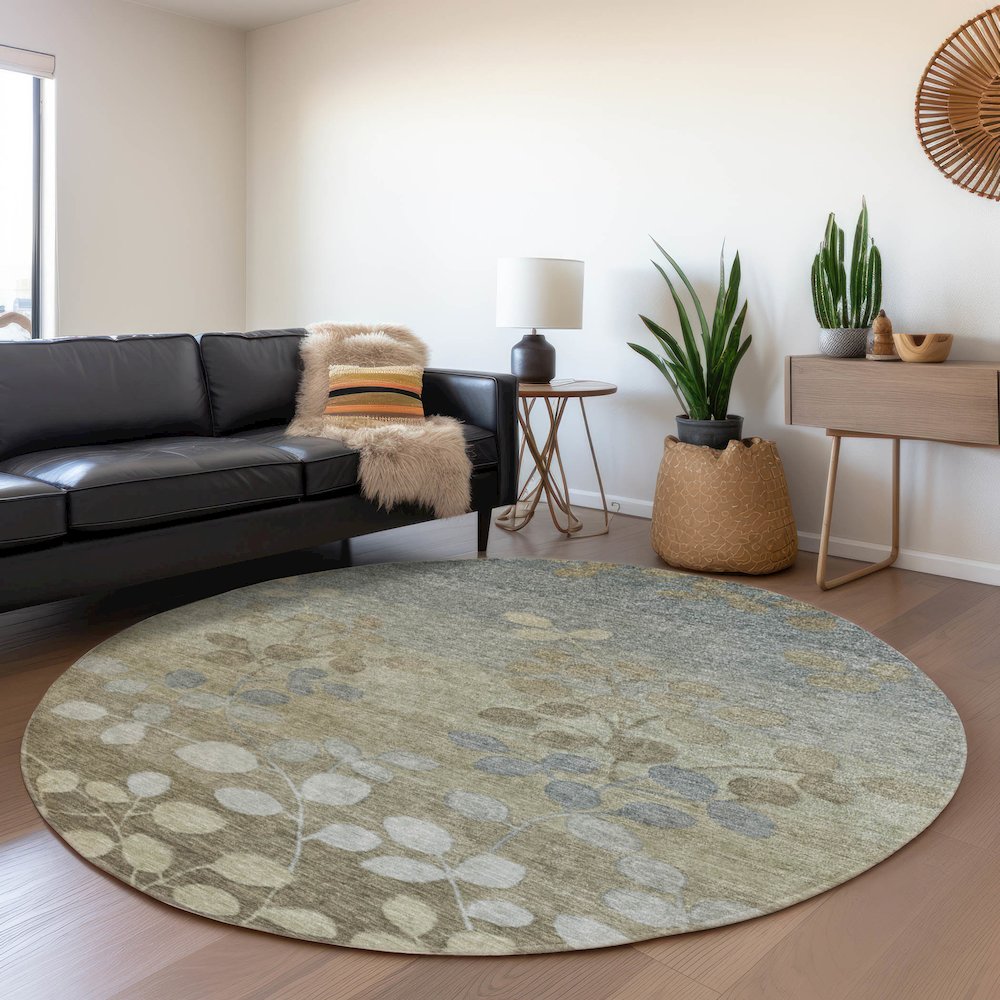 Machine Washable Indoor/Outdoor Chantille Khaki 8' x 8' Round Rug. Picture 5