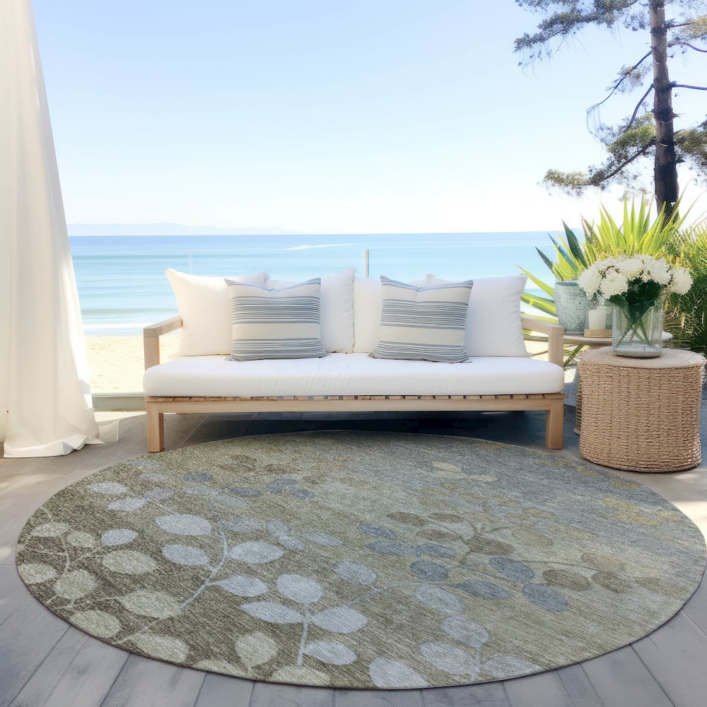 Machine Washable Indoor/Outdoor Chantille Khaki 8' x 8' Round Rug. Picture 6