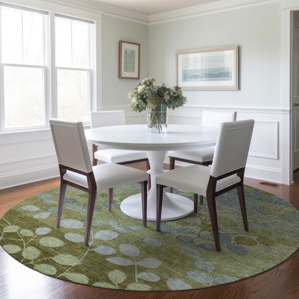 Machine Washable Indoor/Outdoor Chantille Olive 8' x 8' Round Rug. Picture 5