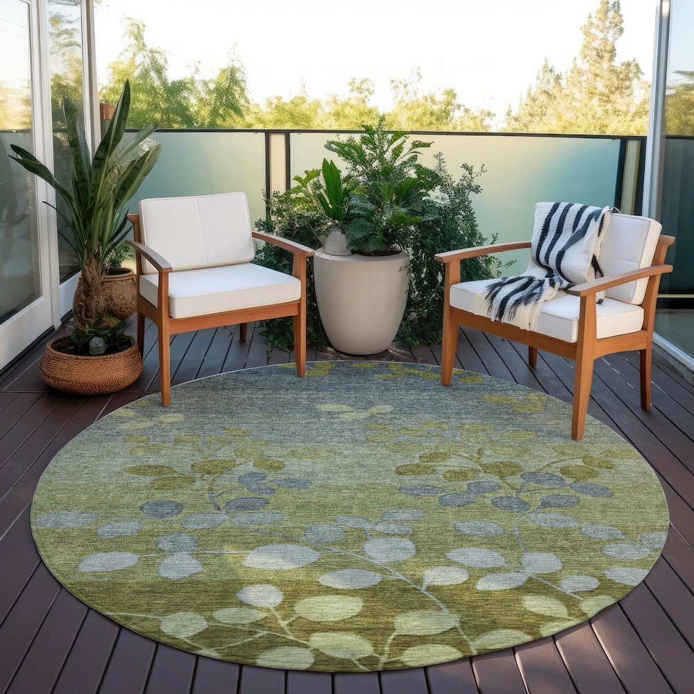 Machine Washable Indoor/Outdoor Chantille Olive 8' x 8' Round Rug. Picture 6