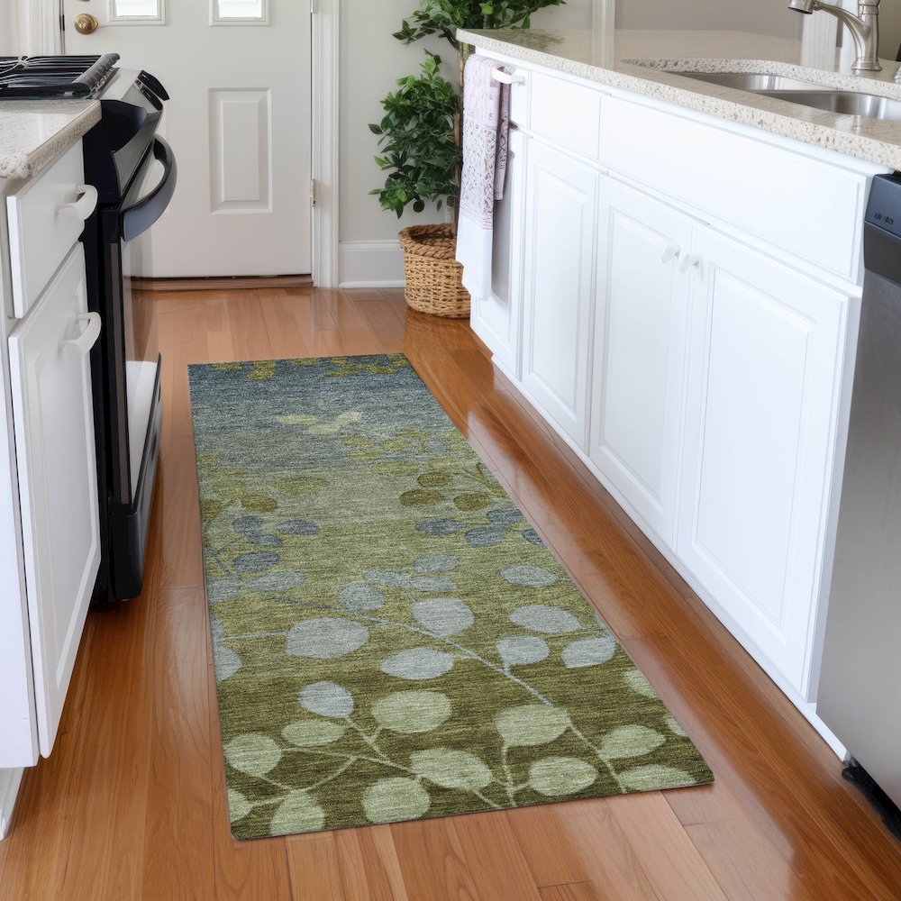 Machine Washable Indoor/Outdoor Chantille Olive 2'3" x 7'6" Runner Rug. Picture 5