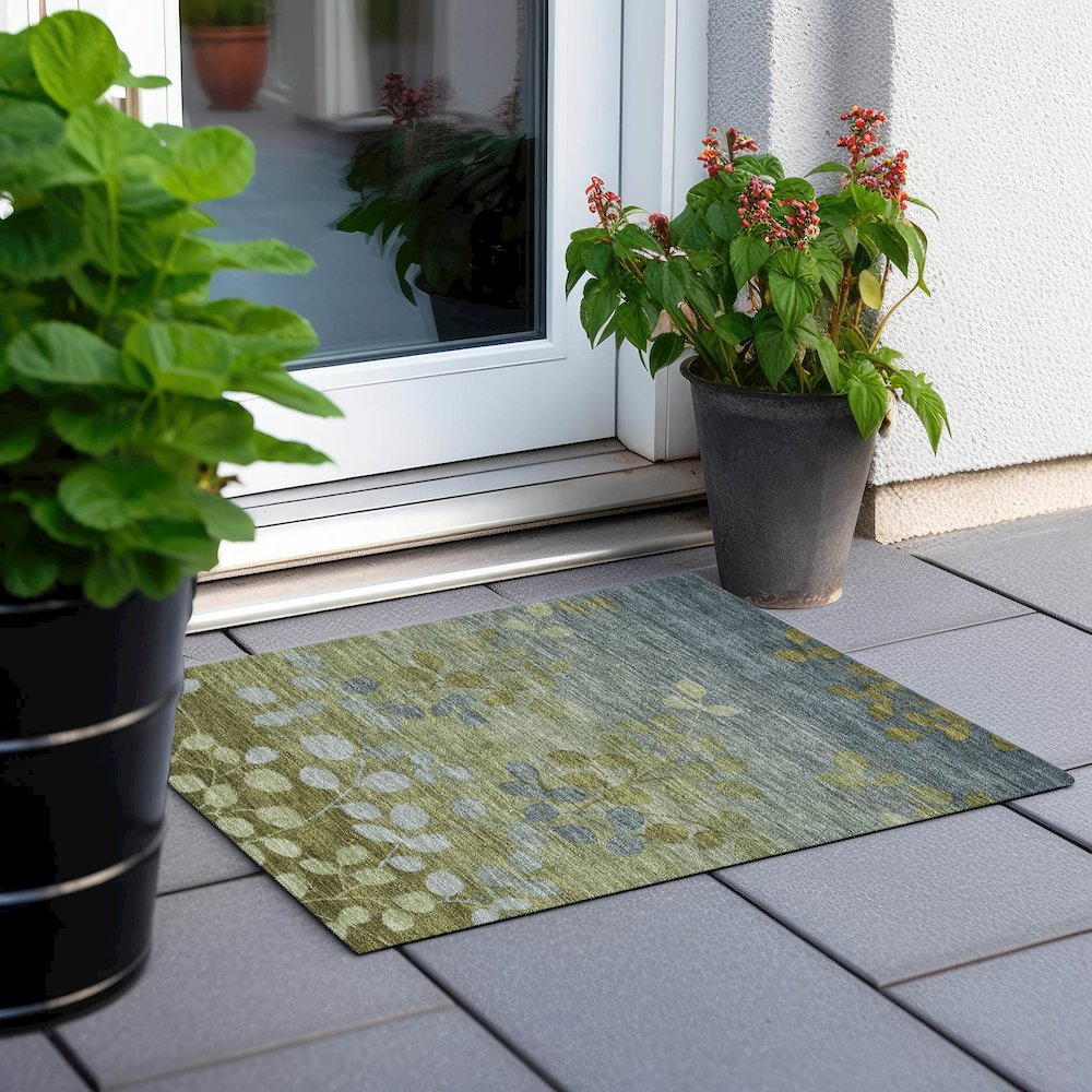 Machine Washable Indoor/Outdoor Chantille Olive 1'8" x 2'6" Rug. Picture 6