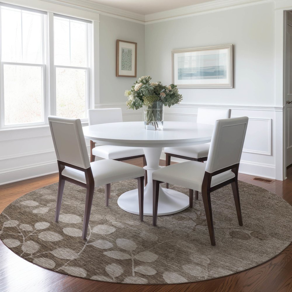 Machine Washable Indoor/Outdoor Chantille Taupe 8' x 8' Round Rug. Picture 5