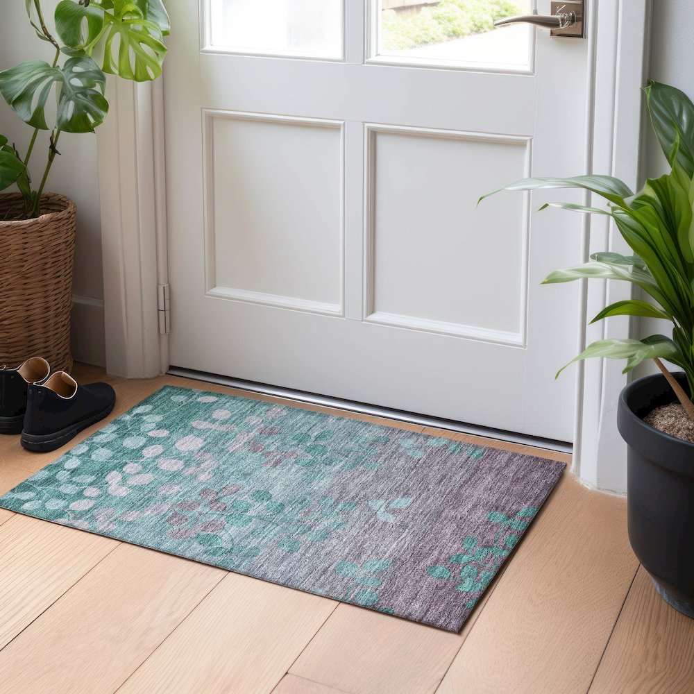 Machine Washable Indoor/Outdoor Chantille Teal 1'8" x 2'6" Rug. Picture 5