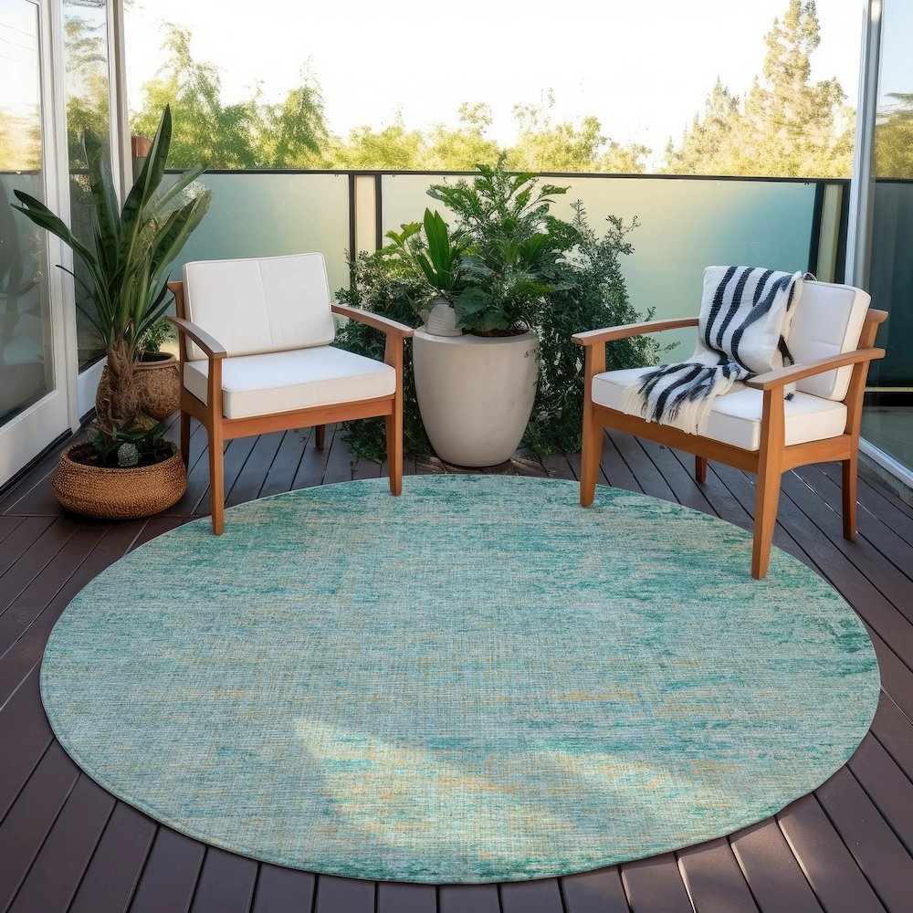Machine Washable Indoor/Outdoor Chantille Teal 8' x 8' Round Rug. Picture 6
