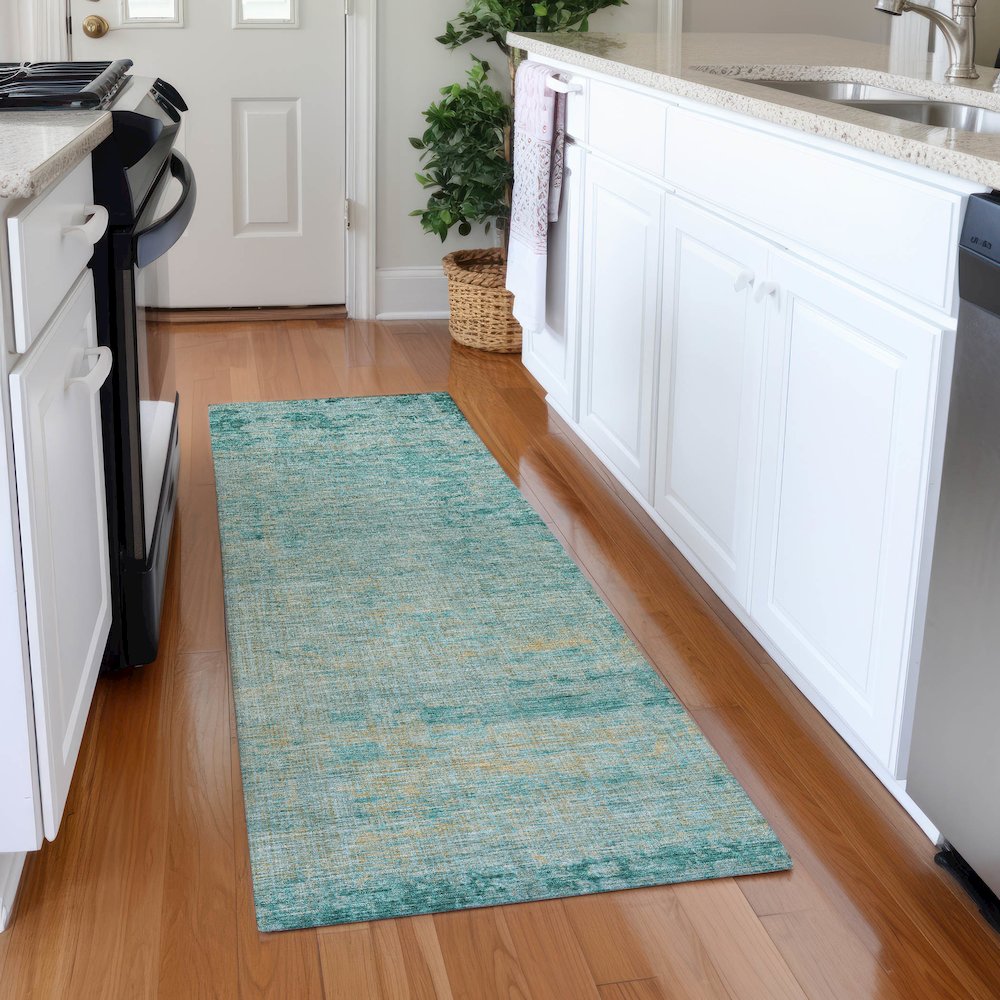 Machine Washable Indoor/Outdoor Chantille Teal 2'3" x 7'6" Runner Rug. Picture 5