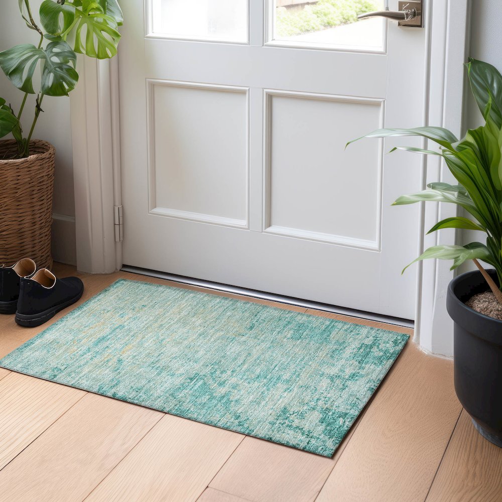 Machine Washable Indoor/Outdoor Chantille Teal 1'8" x 2'6" Rug. Picture 5