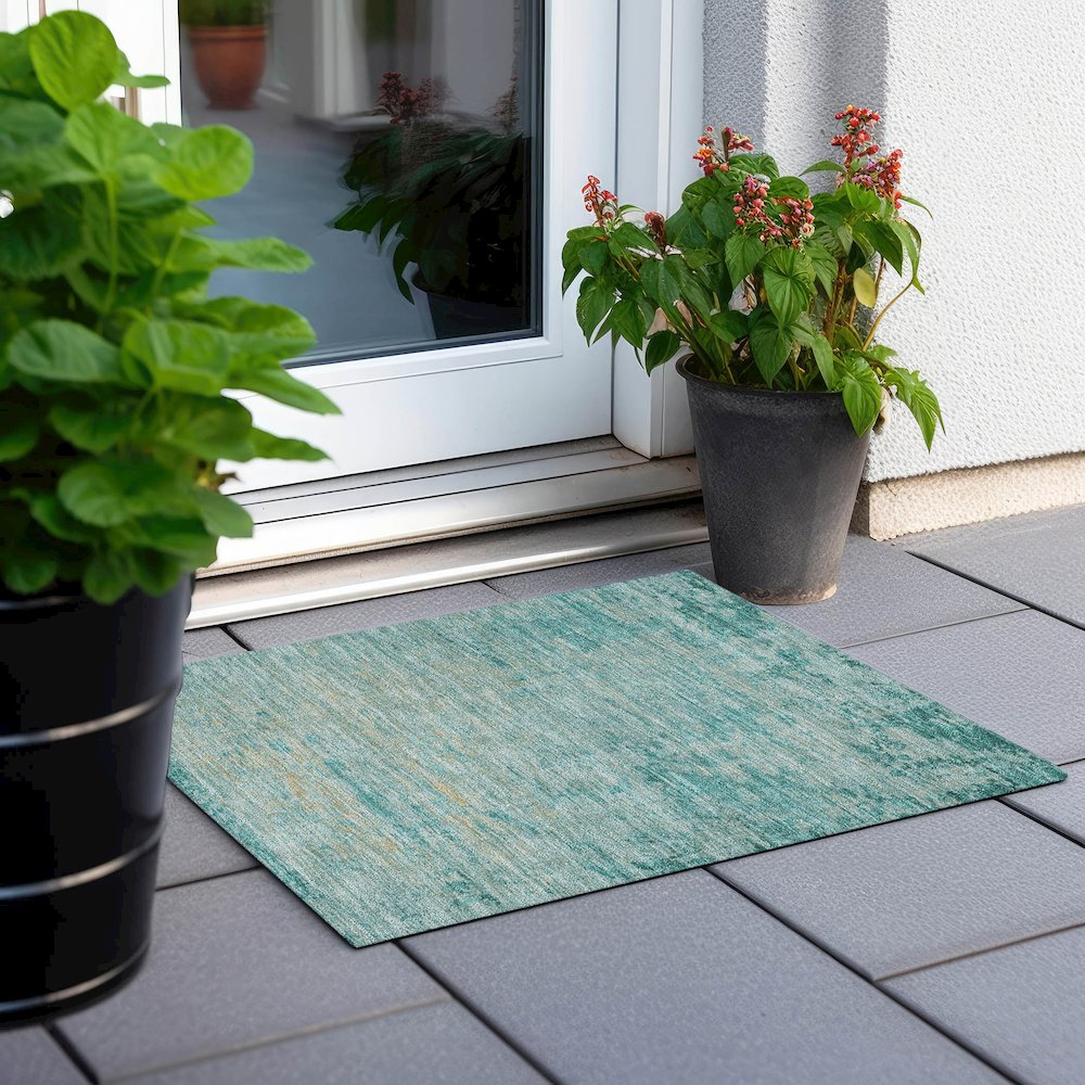 Machine Washable Indoor/Outdoor Chantille Teal 1'8" x 2'6" Rug. Picture 6