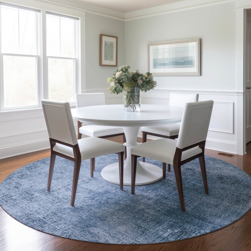 Machine Washable Indoor/Outdoor Chantille Blue 8' x 8' Round Rug. Picture 5