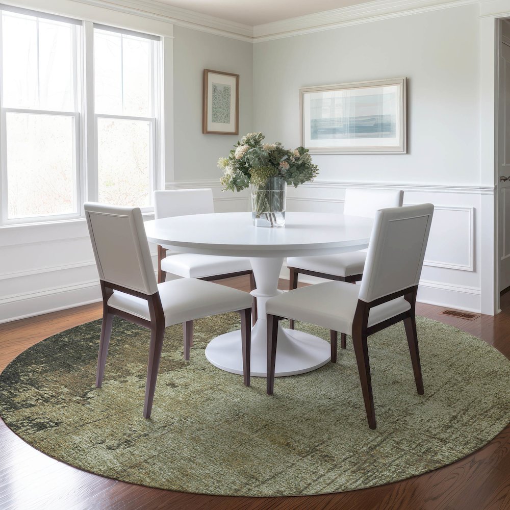 Machine Washable Indoor/Outdoor Chantille Olive 8' x 8' Round Rug. Picture 5