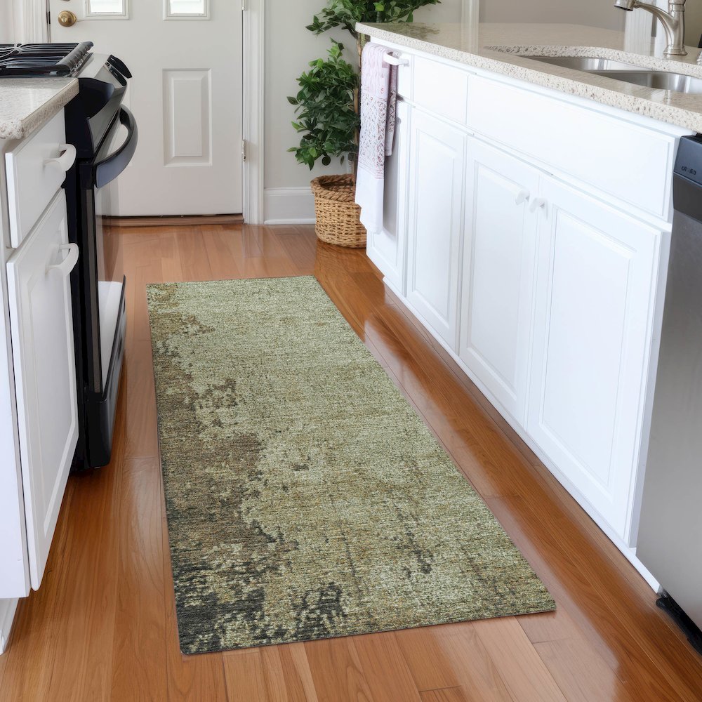 Machine Washable Indoor/Outdoor Chantille Olive 2'3" x 7'6" Runner Rug. Picture 5