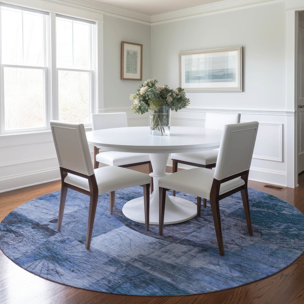 Machine Washable Indoor/Outdoor Chantille Blue 8' x 8' Round Rug. Picture 5