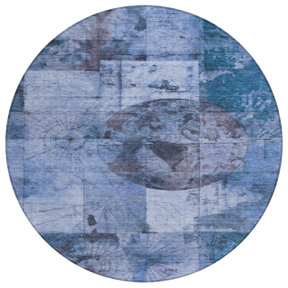 Machine Washable Indoor/Outdoor Chantille Blue 8' x 8' Round Rug. Picture 1