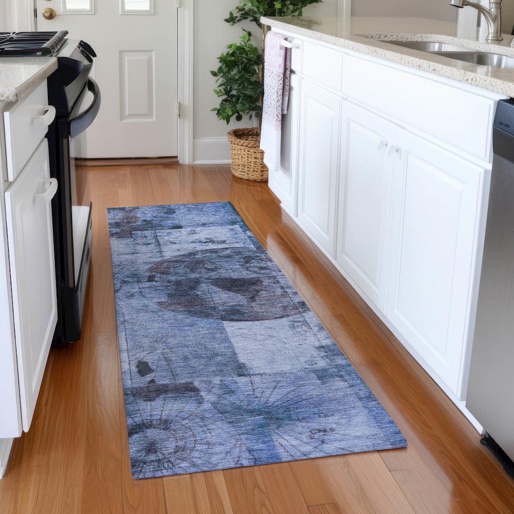 Machine Washable Indoor/Outdoor Chantille Blue 2'3" x 7'6" Runner Rug. Picture 5