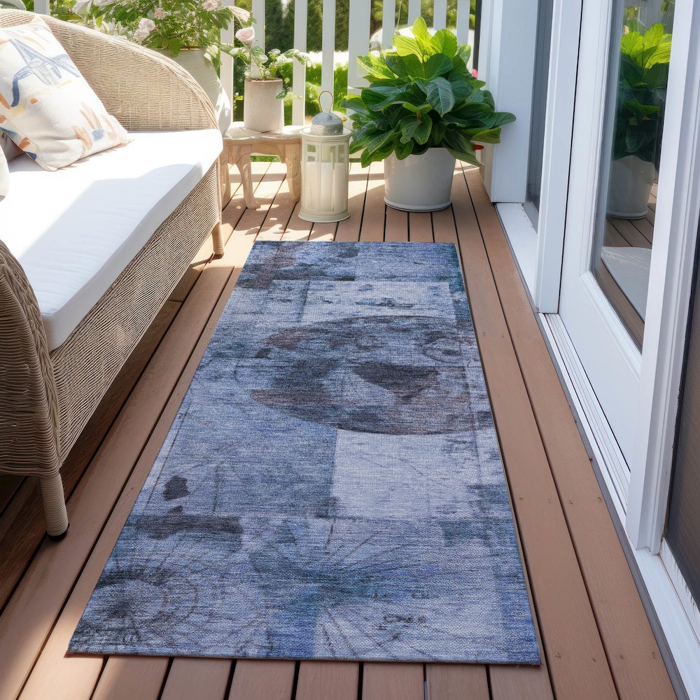 Machine Washable Indoor/Outdoor Chantille Blue 2'3" x 7'6" Runner Rug. Picture 6
