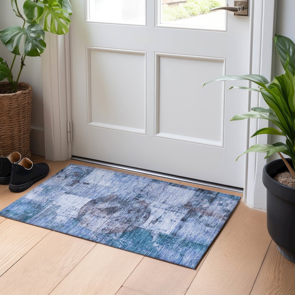 Machine Washable Indoor/Outdoor Chantille Blue 1'8" x 2'6" Rug. Picture 5