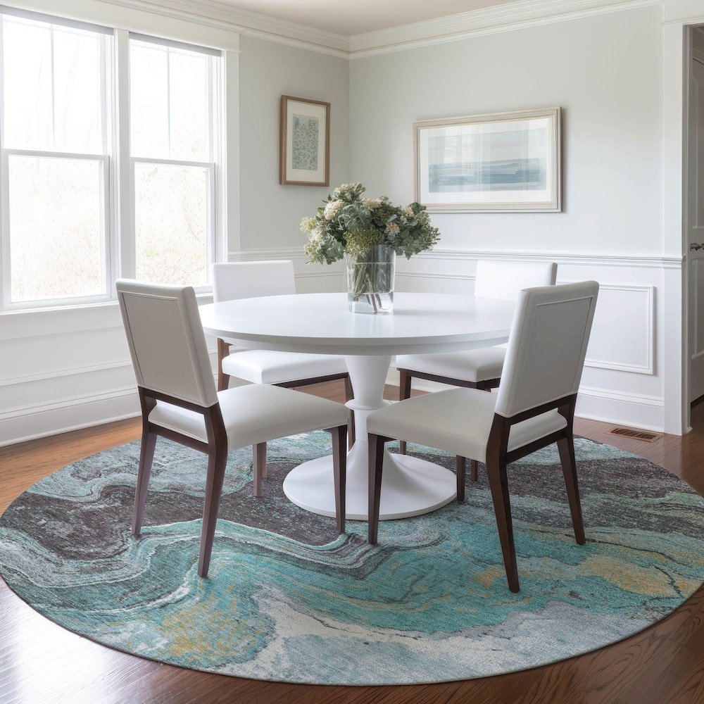 Machine Washable Indoor/Outdoor Chantille Teal 8' x 8' Round Rug. Picture 5
