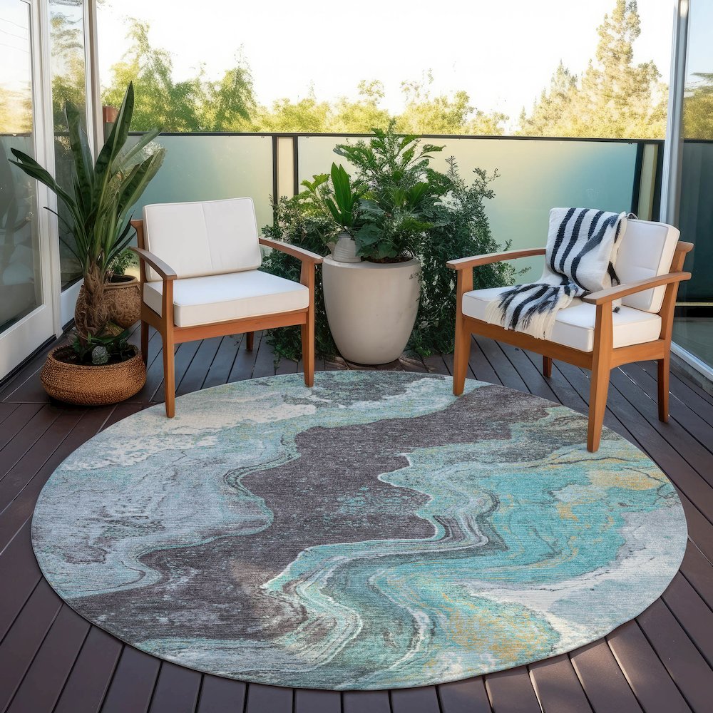 Machine Washable Indoor/Outdoor Chantille Teal 8' x 8' Round Rug. Picture 6