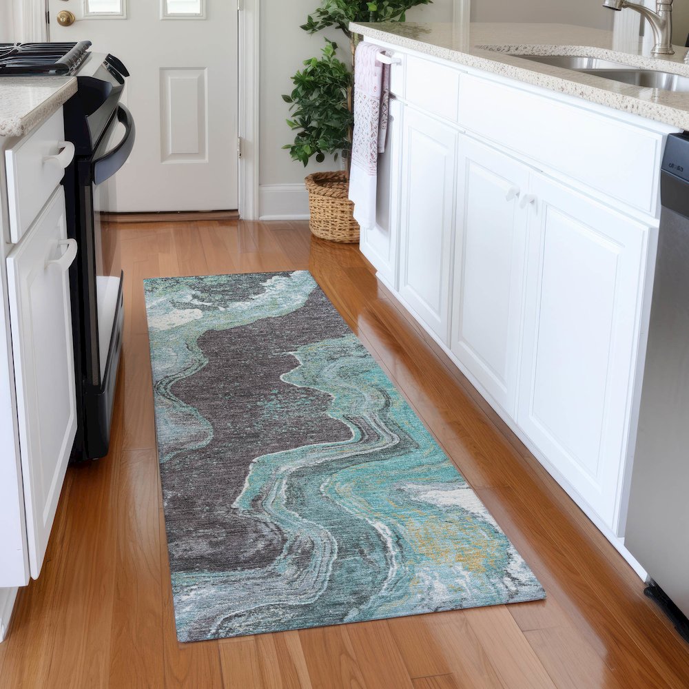 Machine Washable Indoor/Outdoor Chantille Teal 2'3" x 7'6" Runner Rug. Picture 5