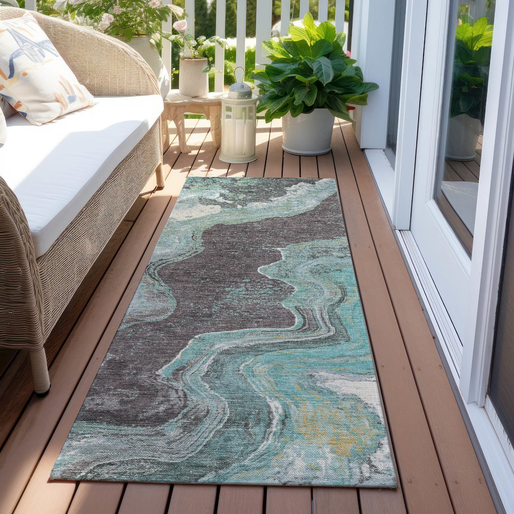Machine Washable Indoor/Outdoor Chantille Teal 2'3" x 7'6" Runner Rug. Picture 6
