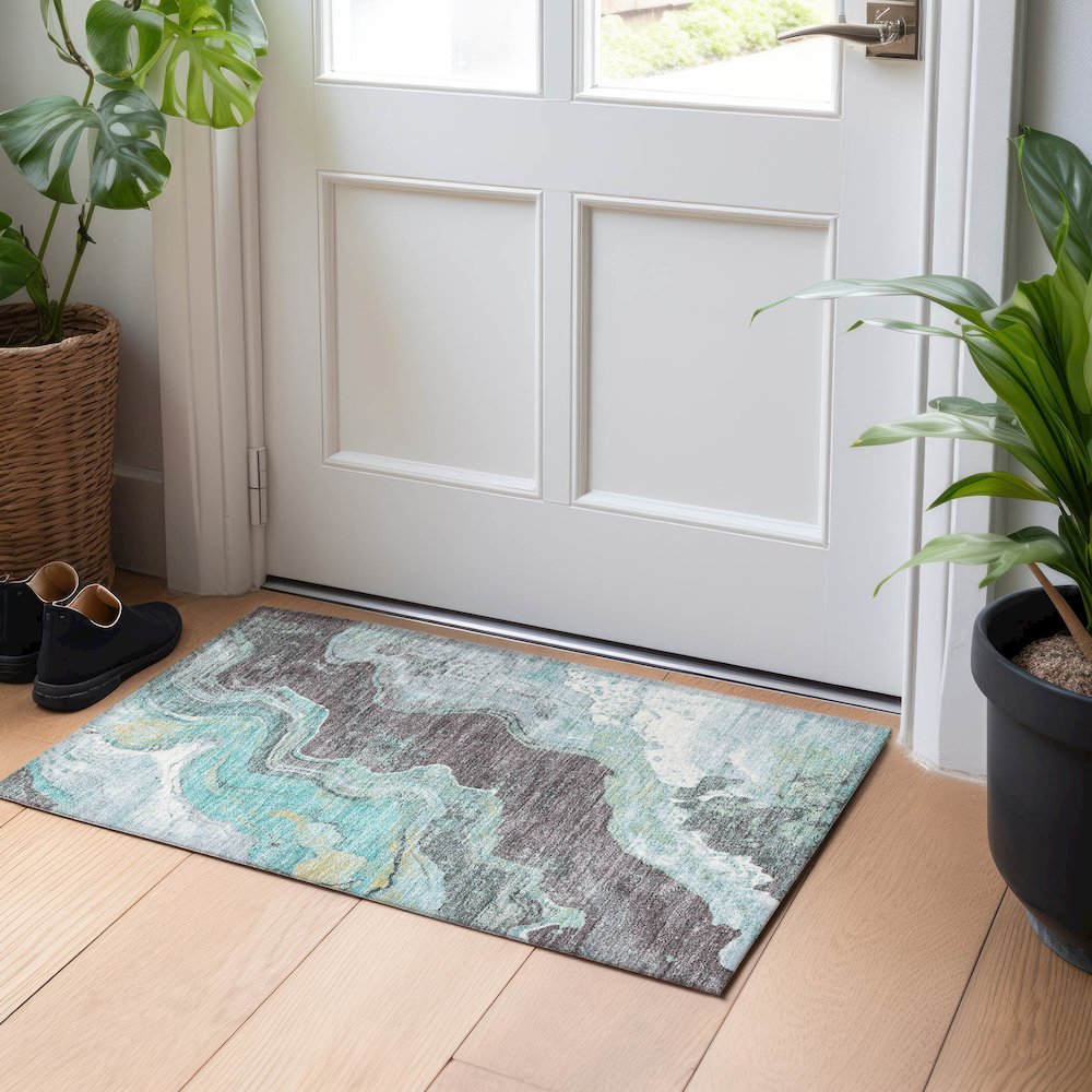 Machine Washable Indoor/Outdoor Chantille Teal 1'8" x 2'6" Rug. Picture 5