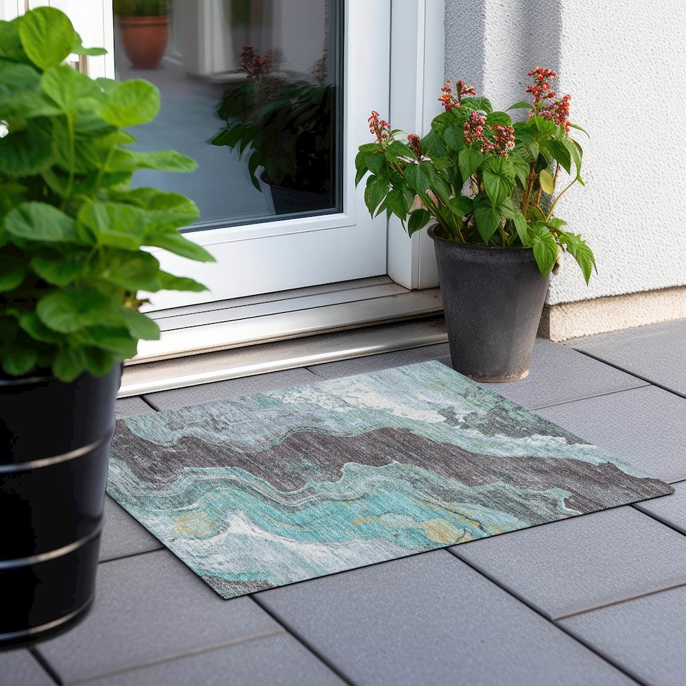 Machine Washable Indoor/Outdoor Chantille Teal 1'8" x 2'6" Rug. Picture 6